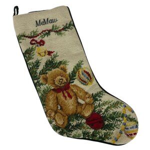 Lands End Needlepoint Christmas Stocking Personalized "MeMaw" Teddy Bear Design